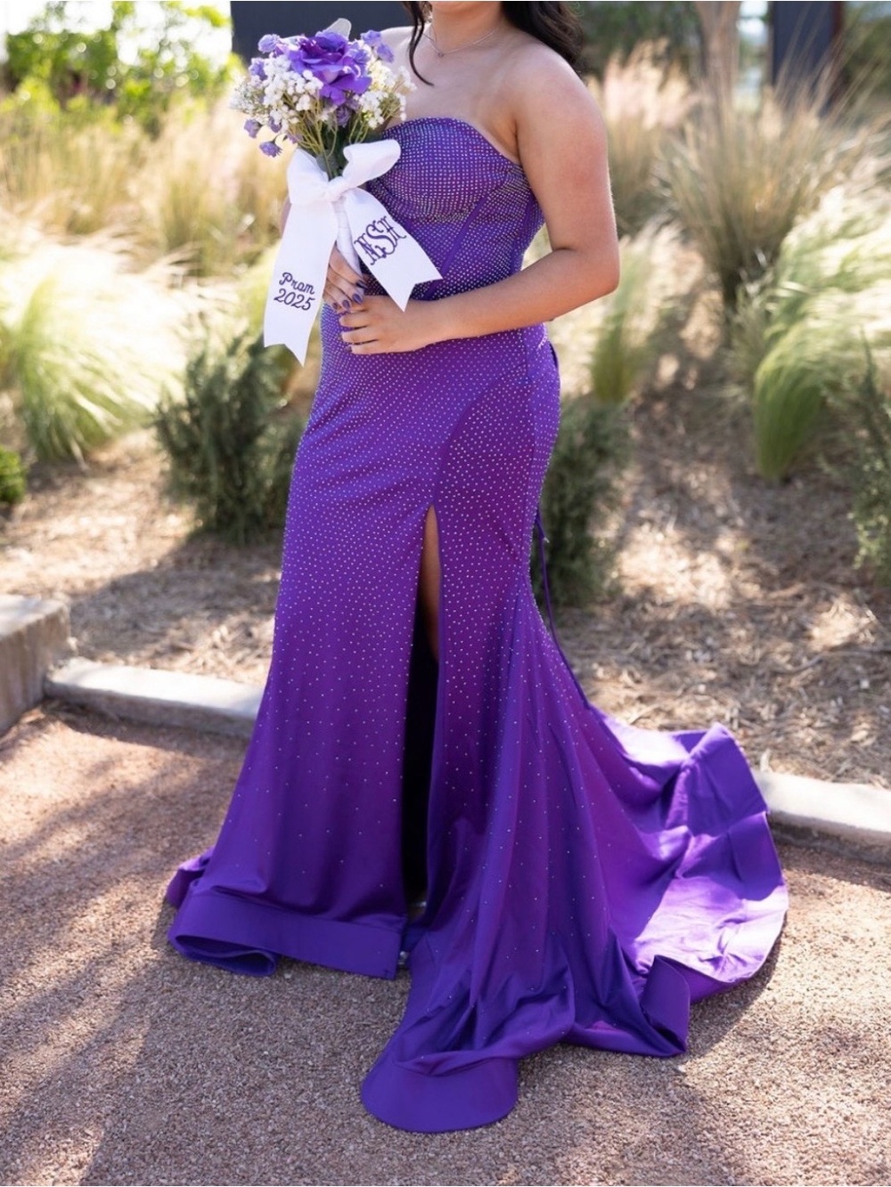 Strapless Purple Evening Gown with Side Slit